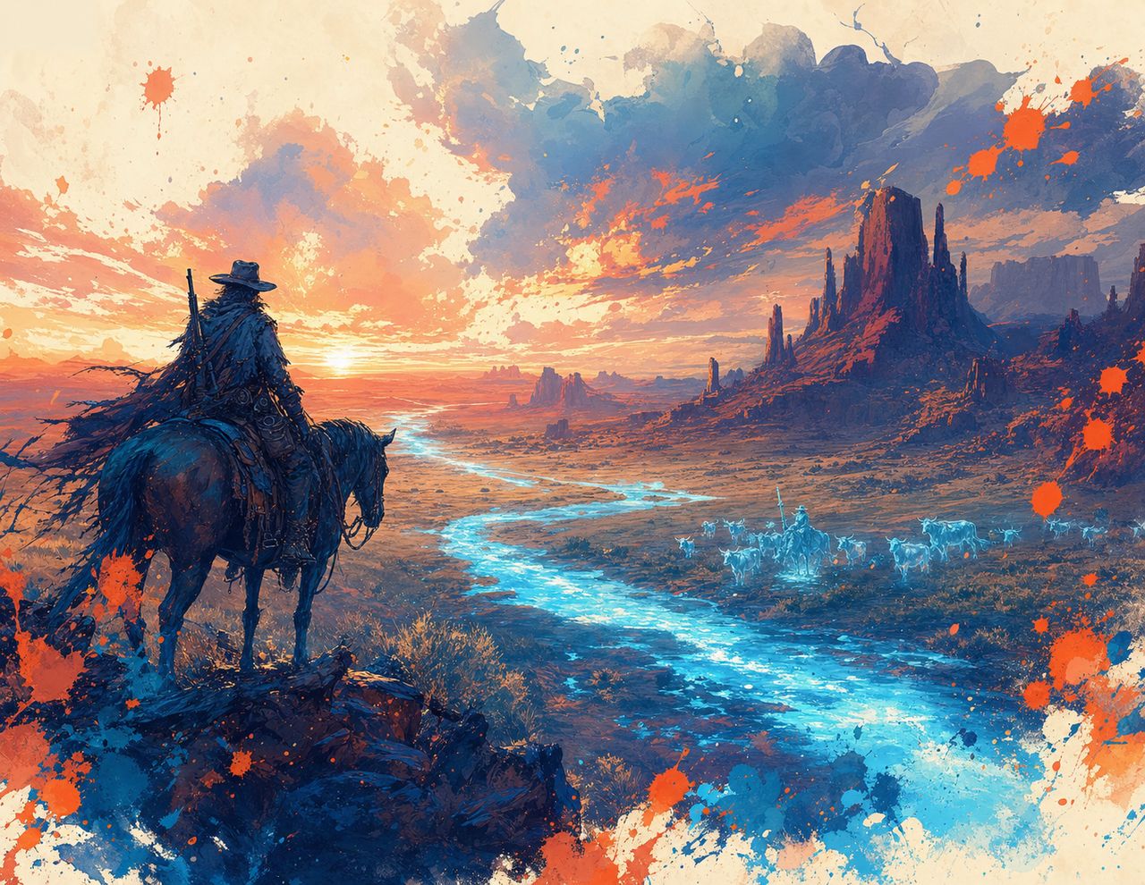 A lone gunslinger on horseback watching a glowing blue river wind through the painted mesa desert at sunset