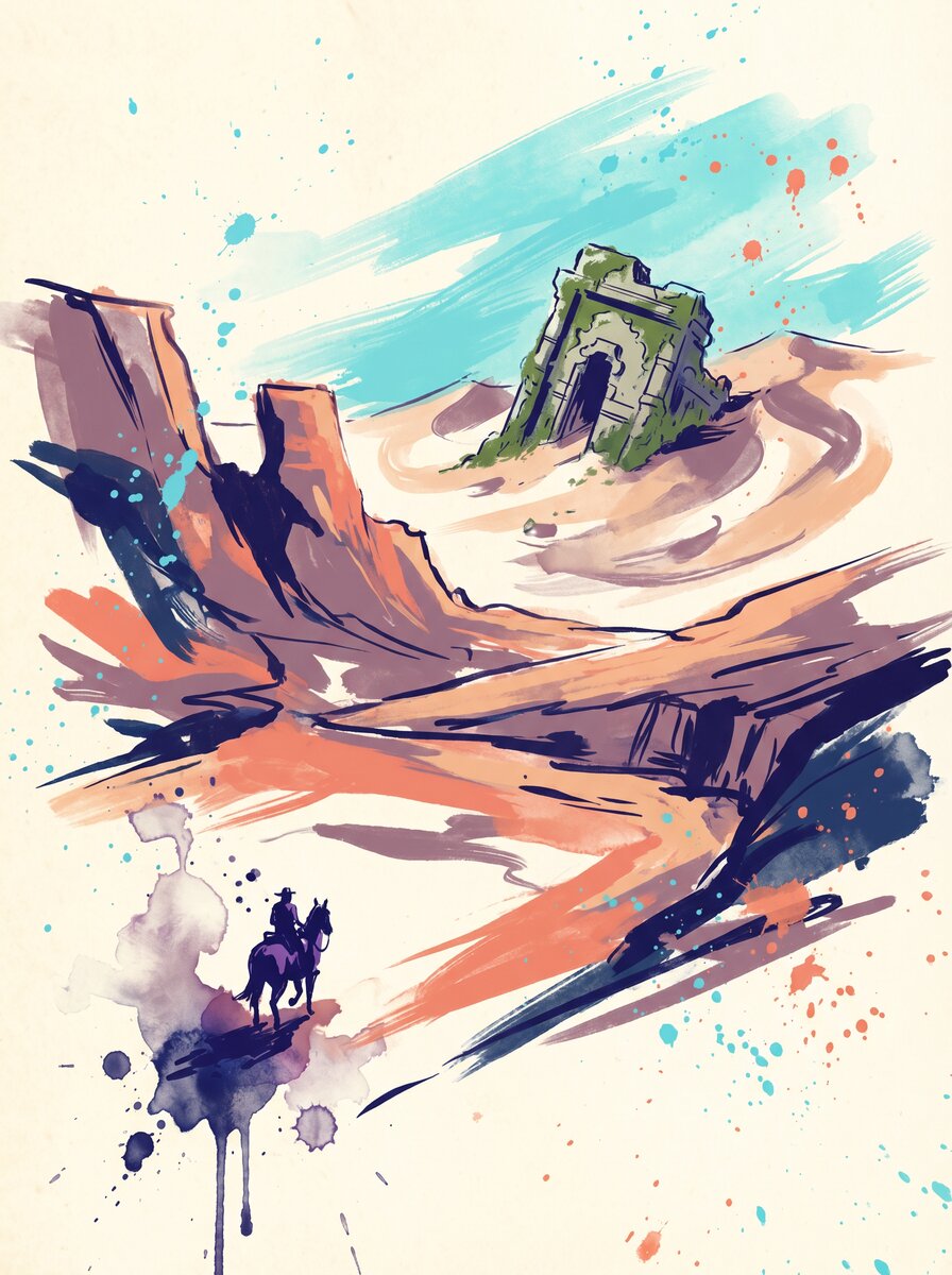 A lone rider crossing the painted desert of the Wild Frontier